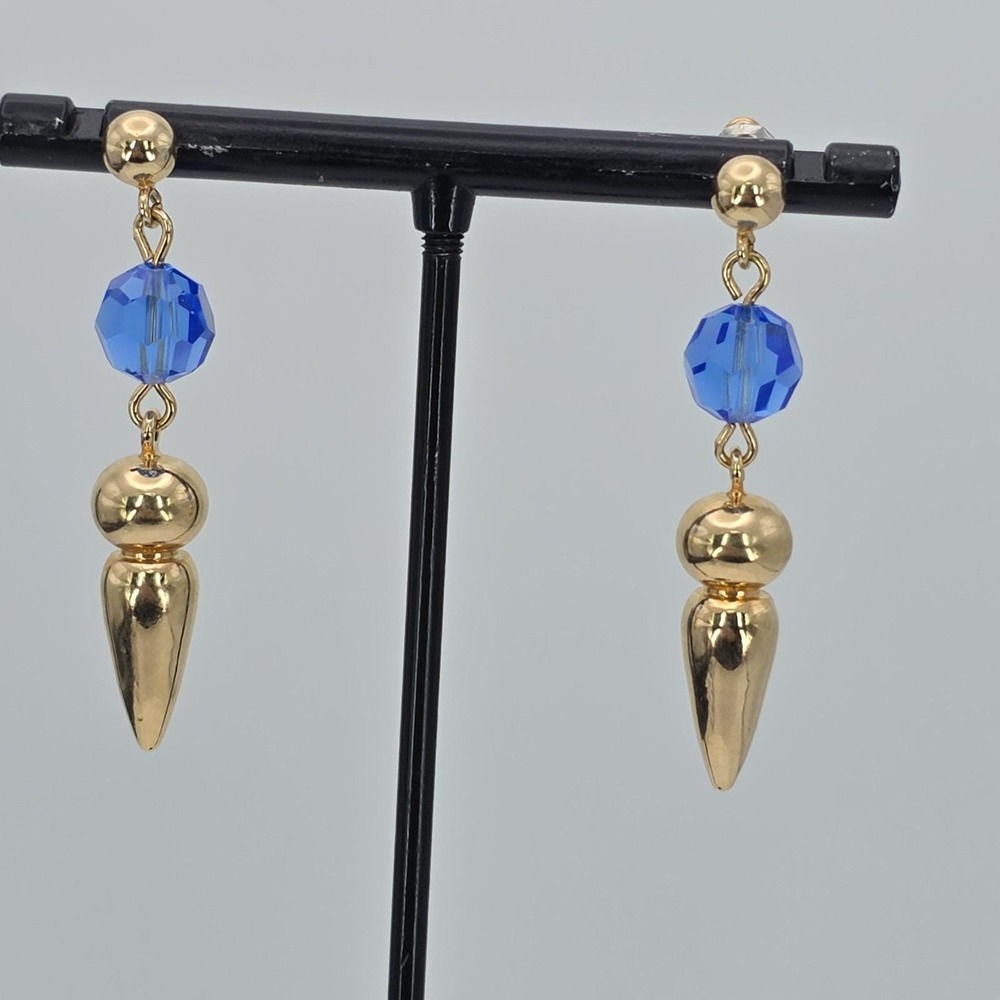 Vtg Signed SWAROVSKI‎ Spike Earrings Blue Crystal 18k Yellow Gold Plate 1.75"